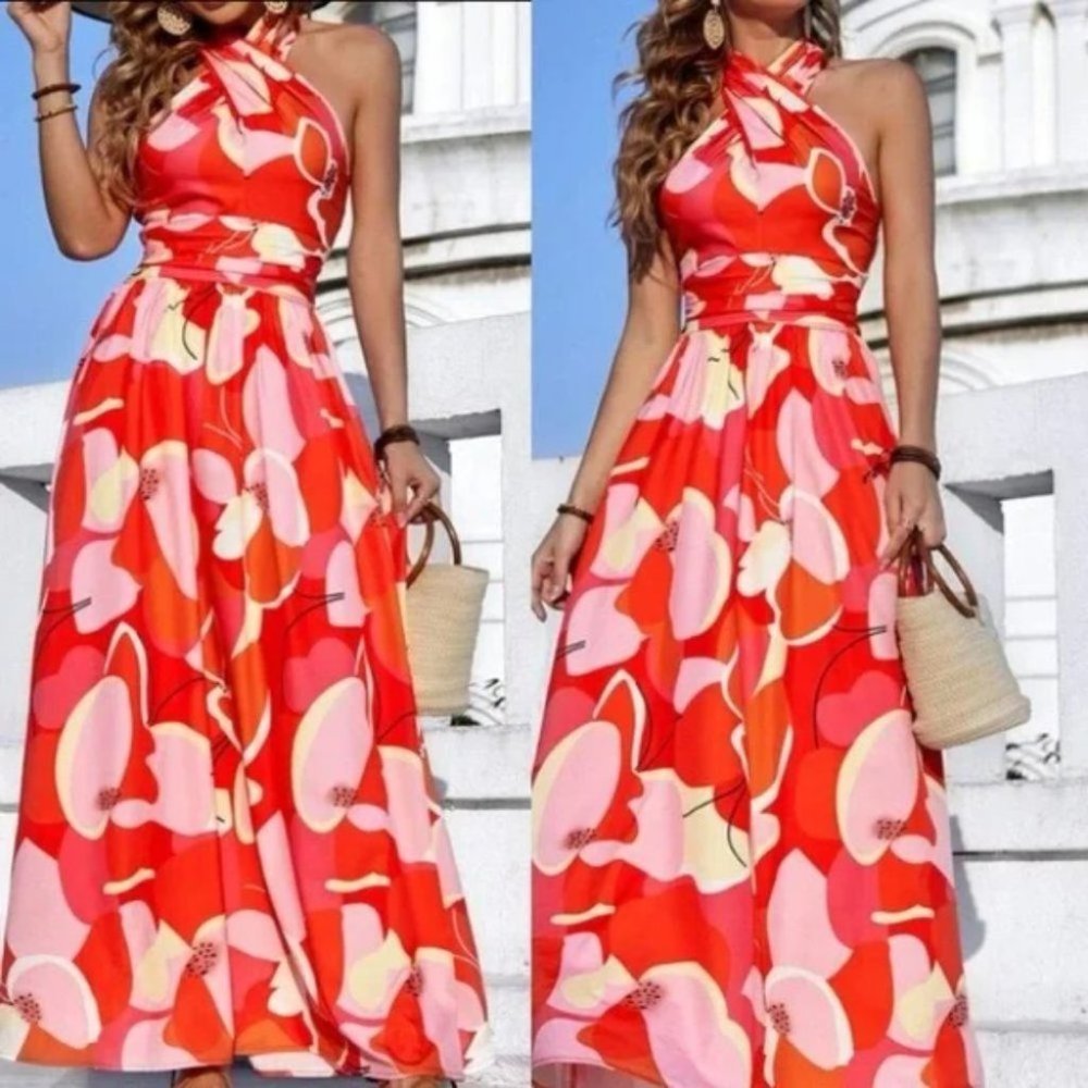 Boho red floral print tie back halter maxi dress - Picture 2 of 5